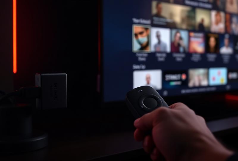 Firestick setup showing hand holding remote with streaming TV interface in background