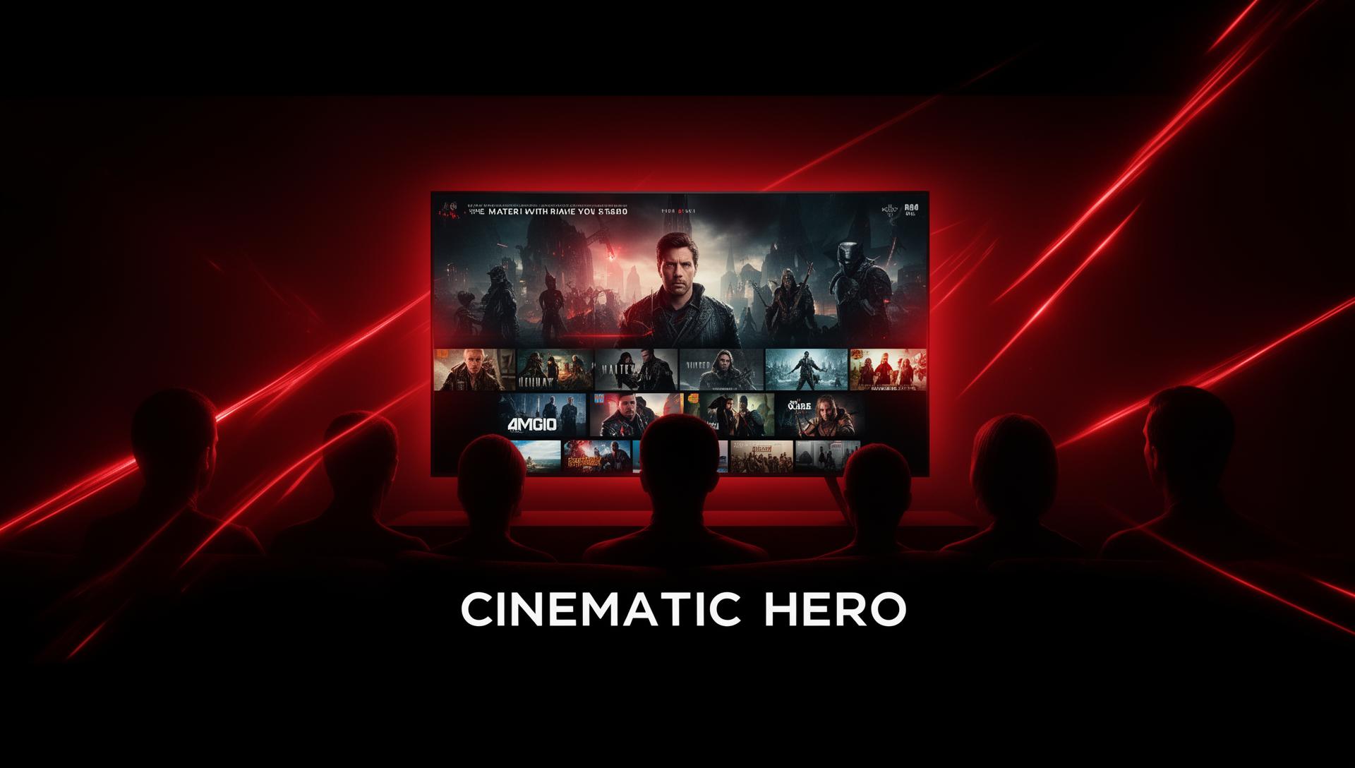 Premium VOD streaming service showing movies and series on a large screen