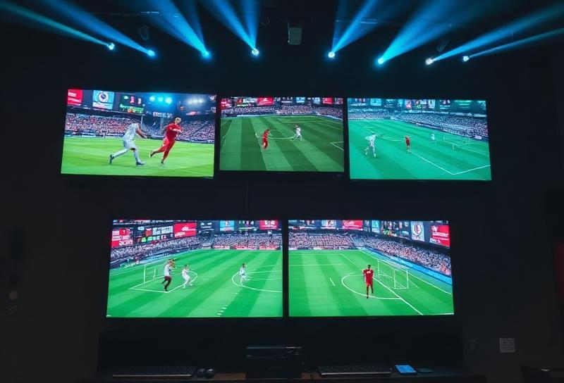 Multiple screens showing live sports matches including football and soccer