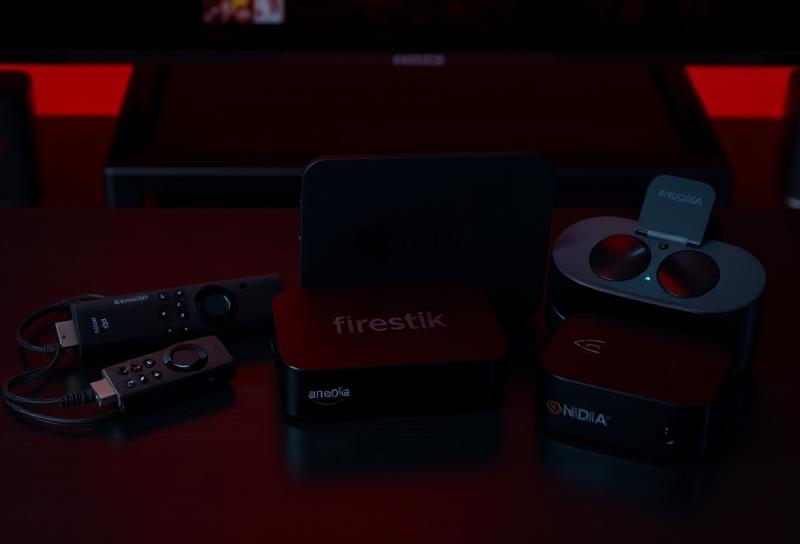 Collection of streaming devices including Firestick and Android boxes on dark surface