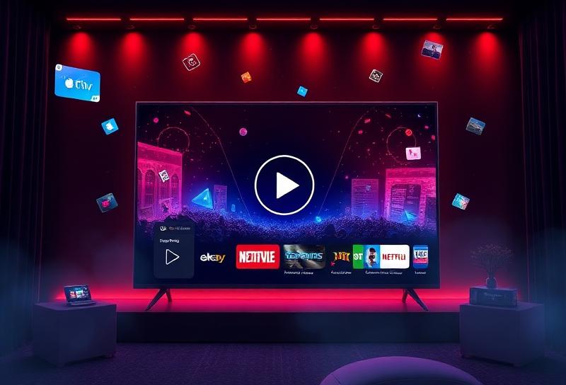 VOD streaming concept showing smart TV with streaming interface and entertainment icons