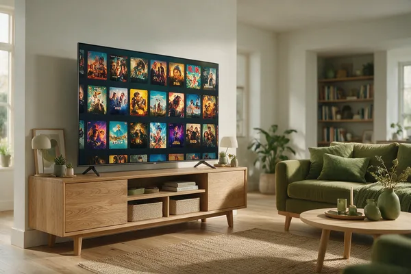 A 4K television in a sunlit living room showing an on-demand film catalogue laid out in rows of thumbnails