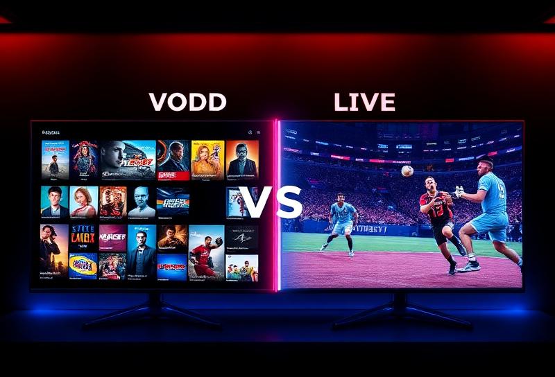 Split screen comparison showing VOD movie library versus live sports broadcast